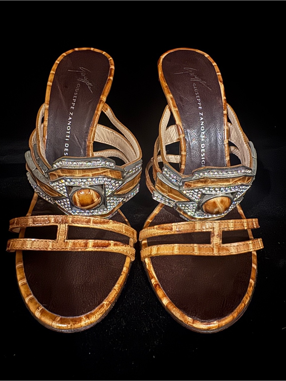 Giuseppe Zanotti Tan Croc-Embossed Slide Sandals with Crystal & Wood Accents
